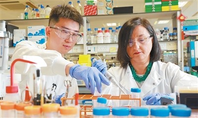 沃尔波尼（右）和同事正在进行实验。 本报记者 许立群摄