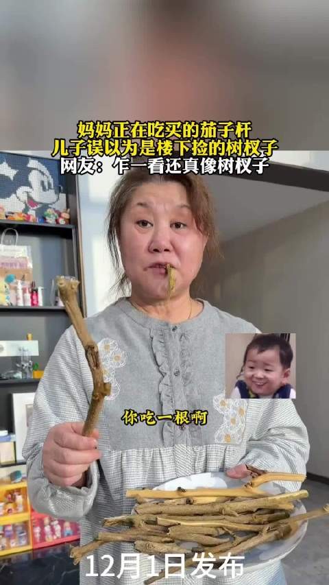妈妈正在吃买的茄子杆,儿子误以为是楼下捡的树杈子!