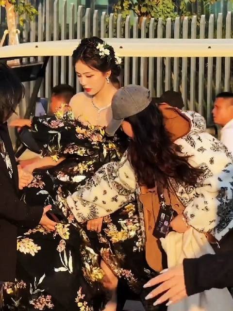 白鹿黑底繁花长裙亮相，钻石项链闪耀如画中仙