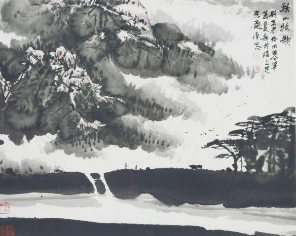 双峰并峙 牧歌悠扬｜刘万恭、徐卫国合作国画《溪山牧歌》赏析