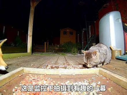 深夜时分，狐狸悄然潜入院中，意图窃取猫咪的餐食，不料遭狸花猫一顿猛击
