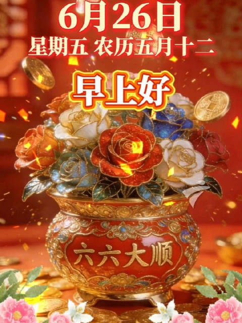 早上好！今天是六月二十六日，祝您六六大顺！