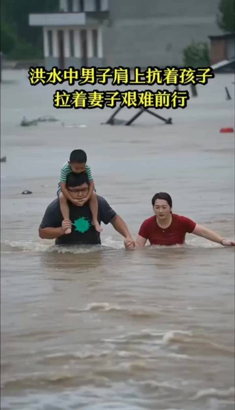 洪水中男子肩上扛着孩子，拉着妻子艰难前行