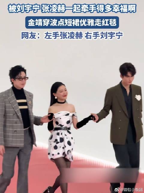 被刘宇宁张凌赫一起牵手得多幸福啊？金靖穿波点短裙优雅走红毯
